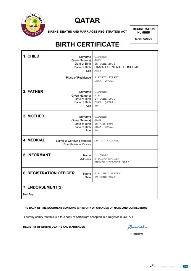 Download Qatar vital record birth certificate Word and PDF template Photoshop template